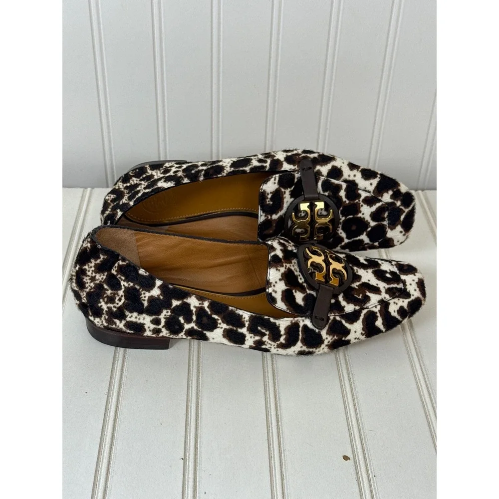 Tory Burch Metal Miller 15 mm Loafers Women 6M Brown Leopard Calf Hair Gold Logo